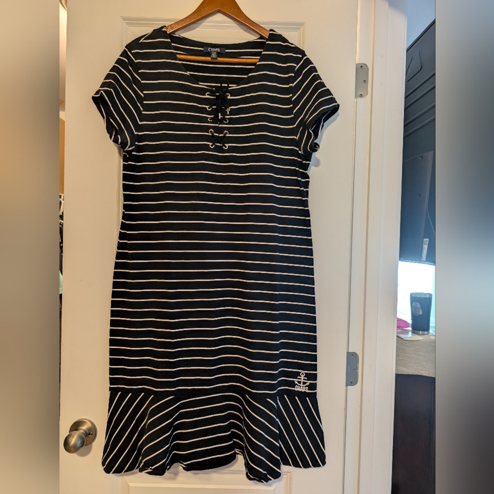 Chaps Black and White Striped Mini Dress